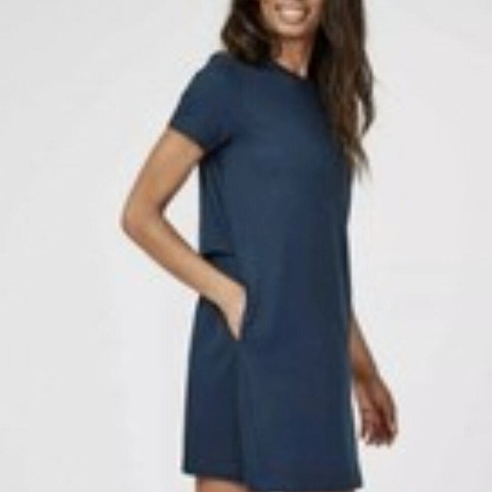 SWEATY BETTY   XS Meditate Mini Tee Knit Dress Blue Open Twisted Back Athleisure